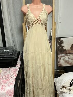Boho Cream Maxi Dress with Woven Bodice free people